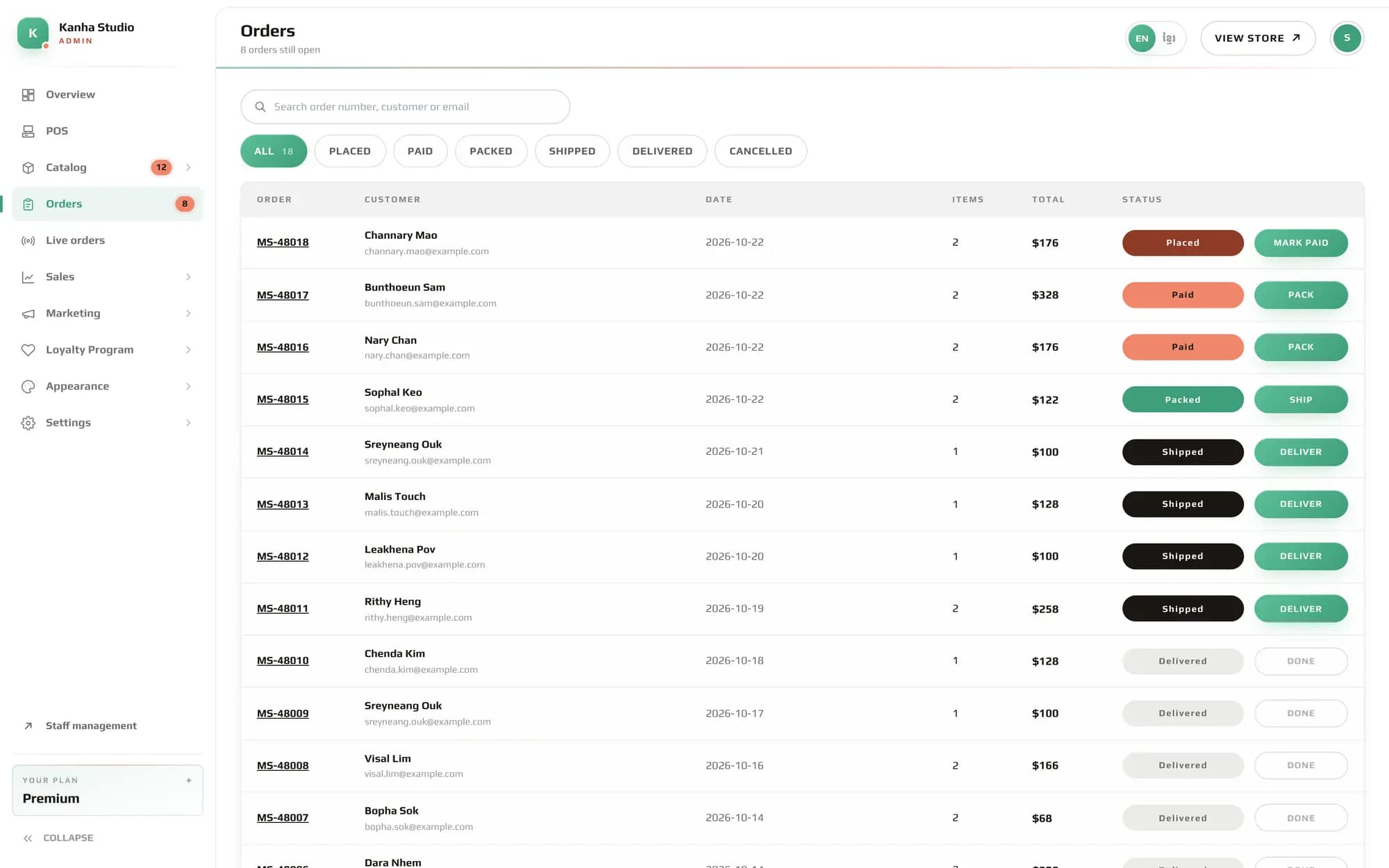 The orders list with each order's status and the button for its next step