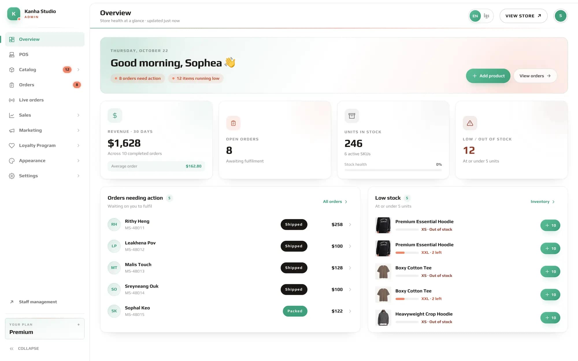 The My Store admin overview: revenue, open orders, stock, orders needing action and low stock