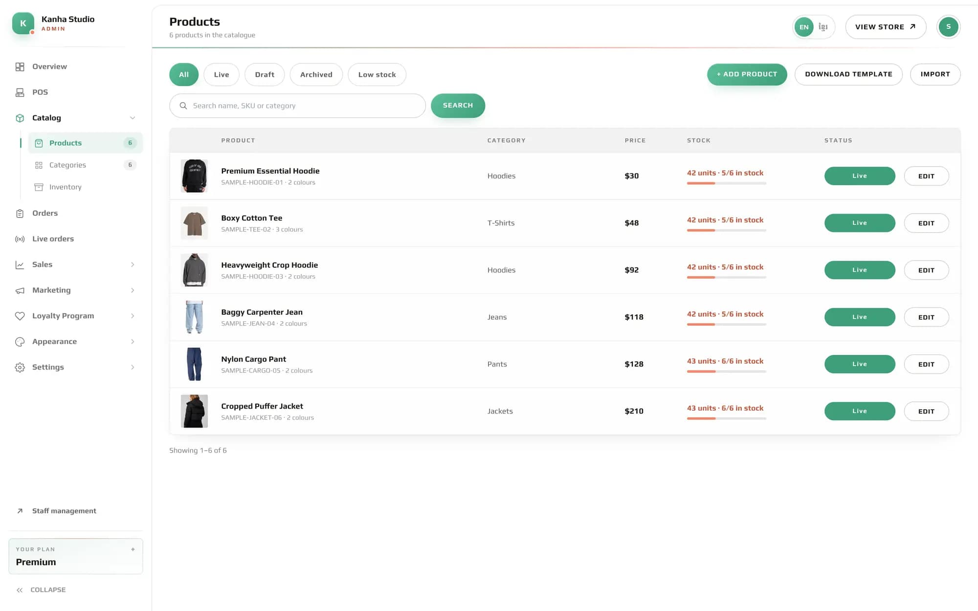 The products list: photos, categories, prices, stock levels and status