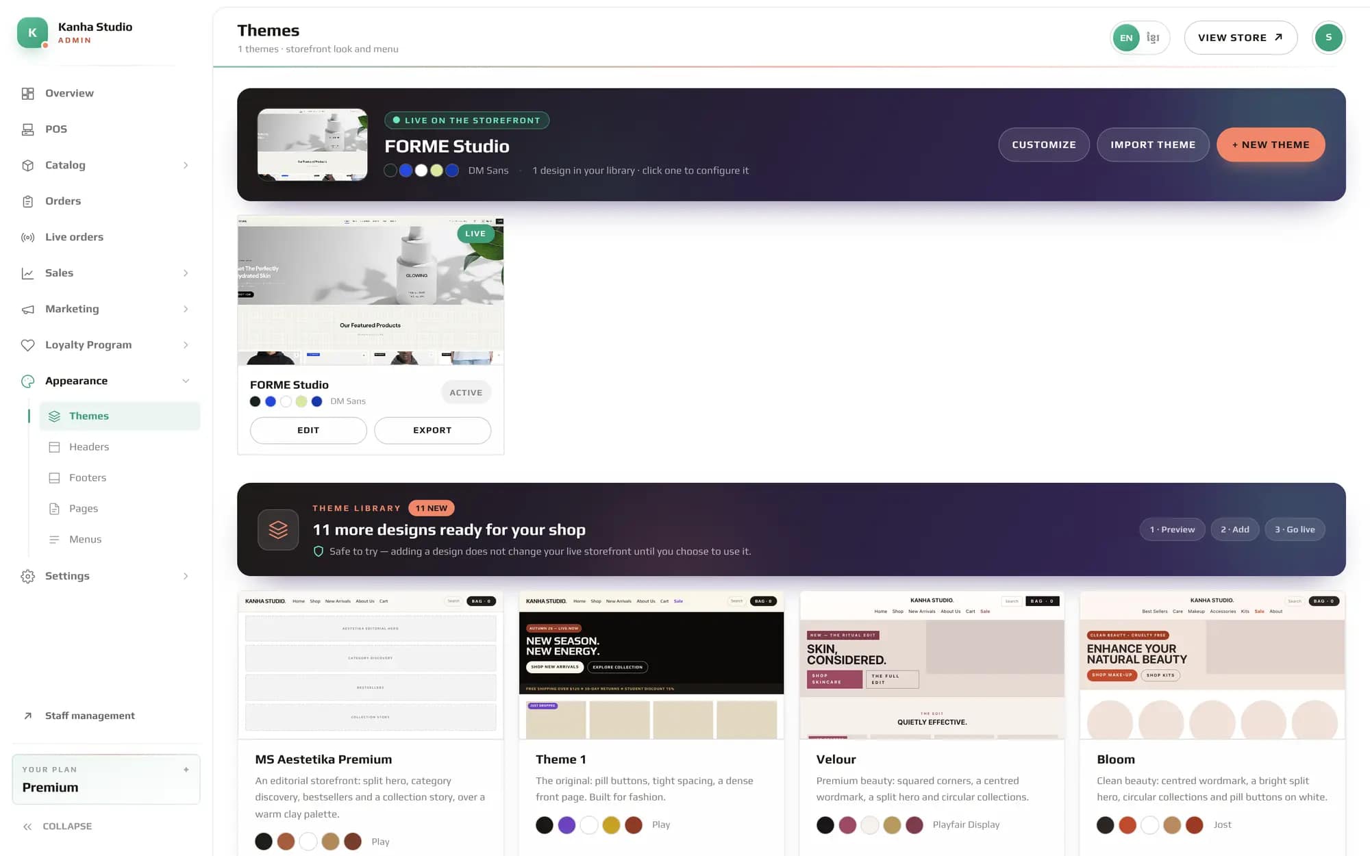 The themes screen: the live theme and a library of designs ready to try
