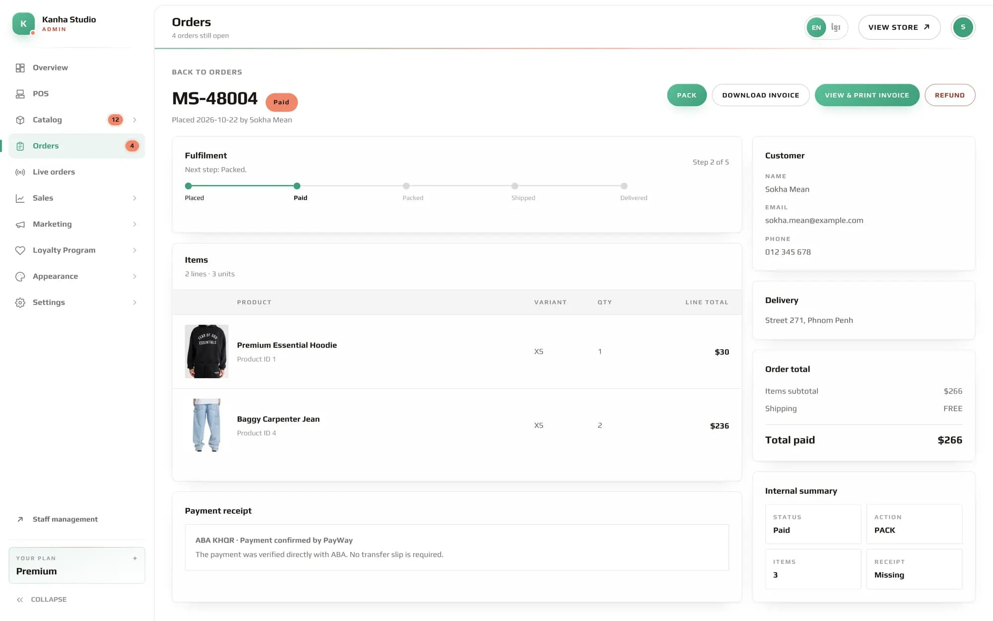 The My Store admin console showing order MS-48004: paid, two items, customer and delivery details and the PayWay receipt