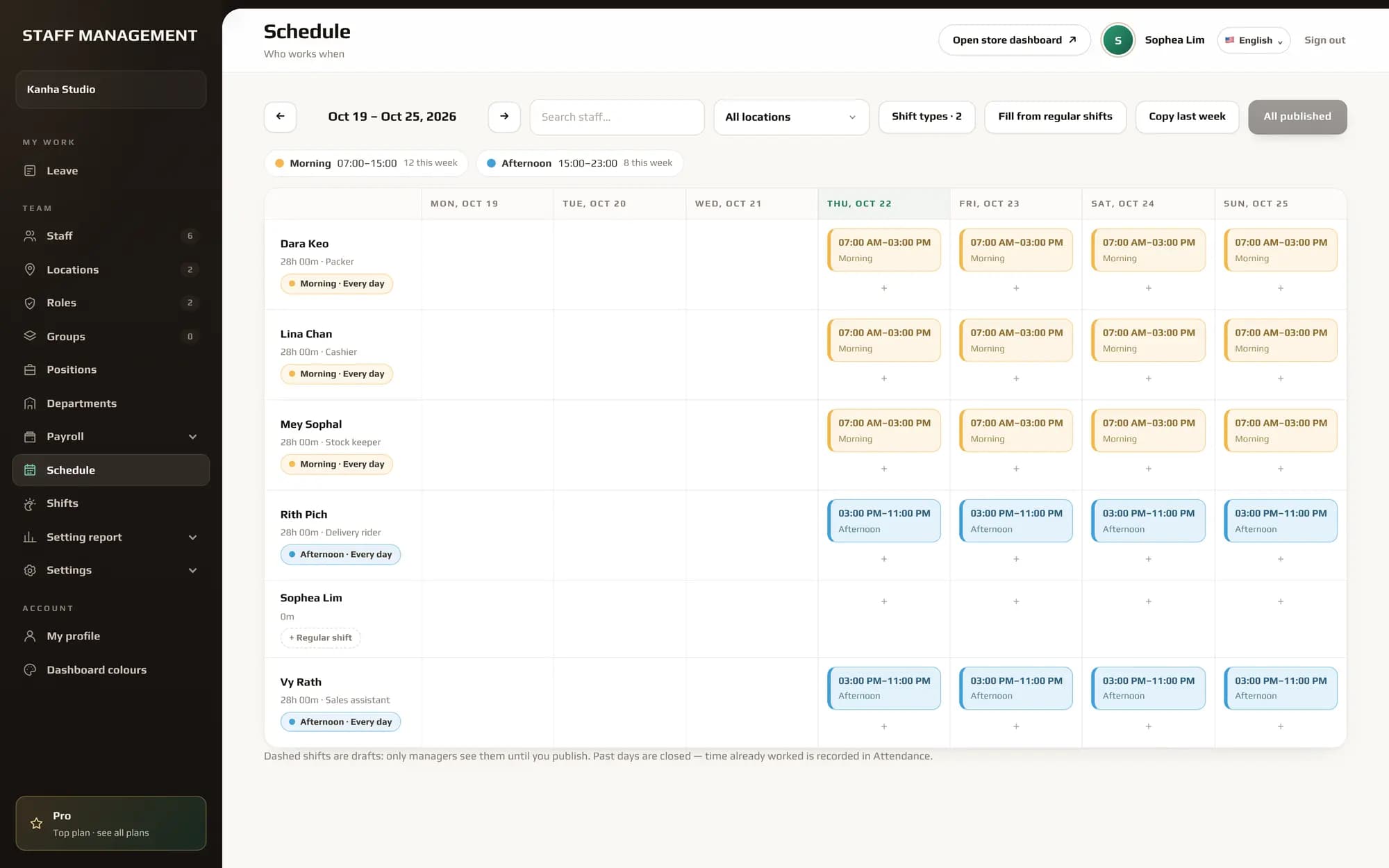 The Staff Portal schedule for Kanha Studio: morning and afternoon shifts for the week