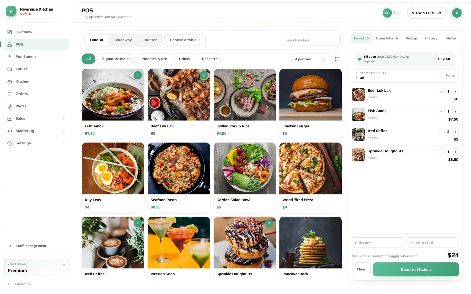 Tonight at the table: the My Store restaurant POS — dishes with photos, a dine-in ticket and Send to kitchen