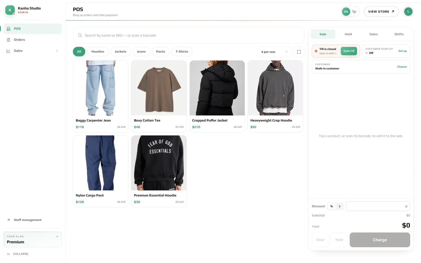 The admin dashboard signed in as a cashier: only POS, Orders and Sales are in the menu