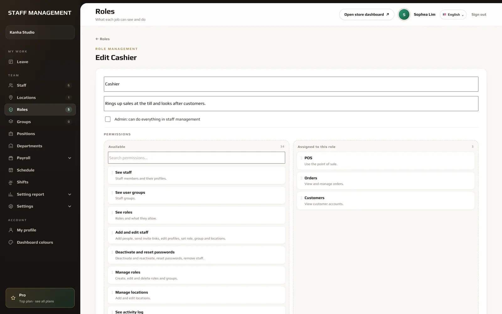 Editing the Cashier role in the Staff Portal: POS, Orders and Customers assigned