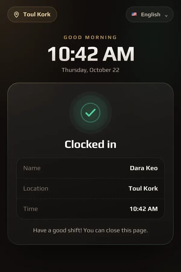 A phone that scanned the Toul Kork QR code: Dara Keo, clocked in at 10:42 AM