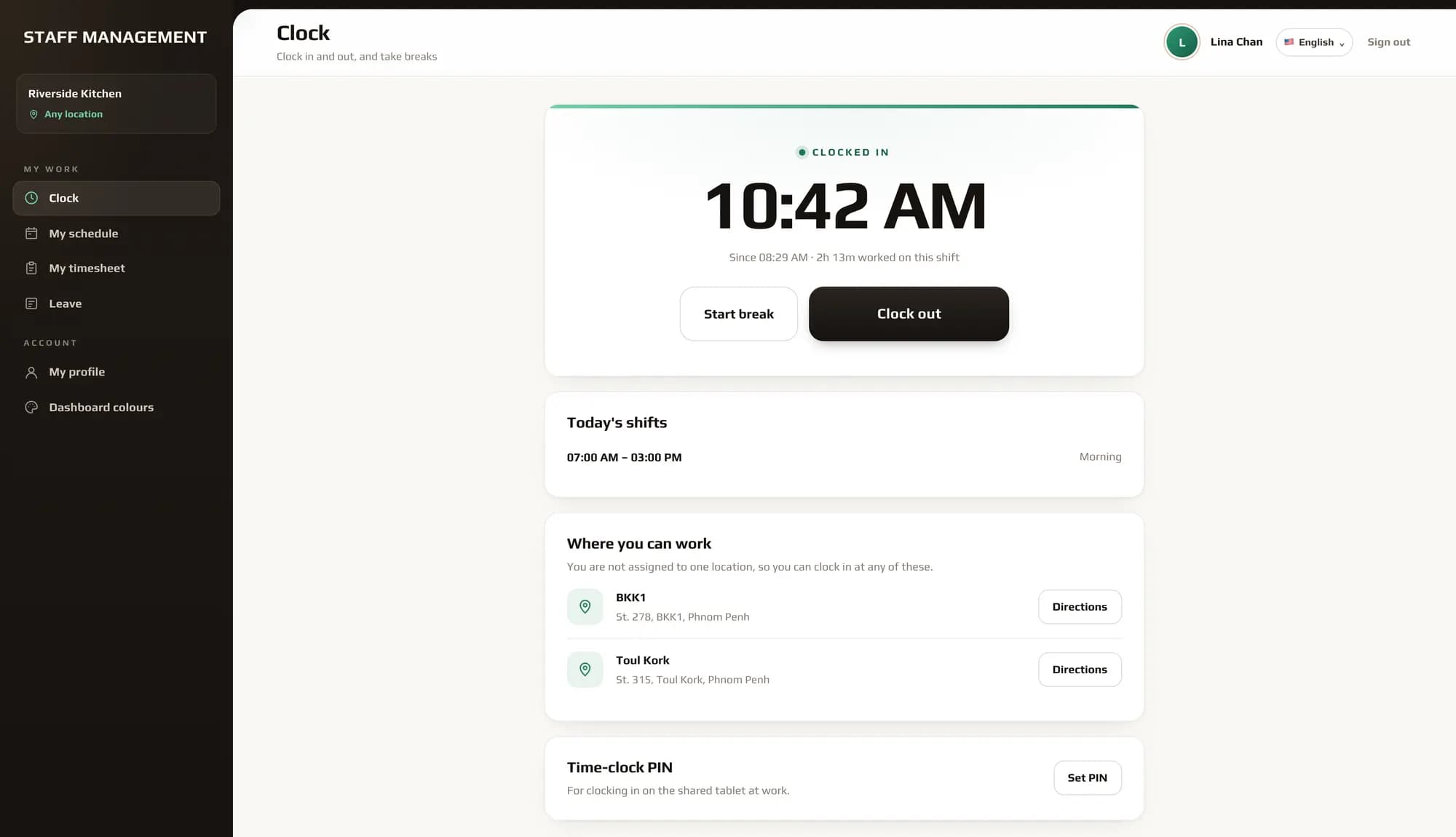 The My Store Staff Portal clock: clocked in since 08:28 AM, 2h 13m into the morning shift, with Start break and Clock out